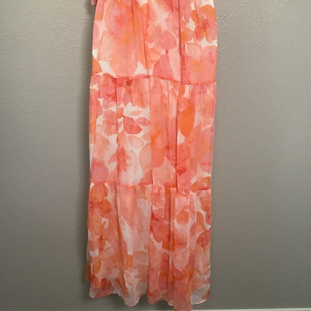 Coral Floral Feminine Romantic Tiered Babydoll Tied Waist Maxi Dress Sz 4 Summer - Picture 6 of 8